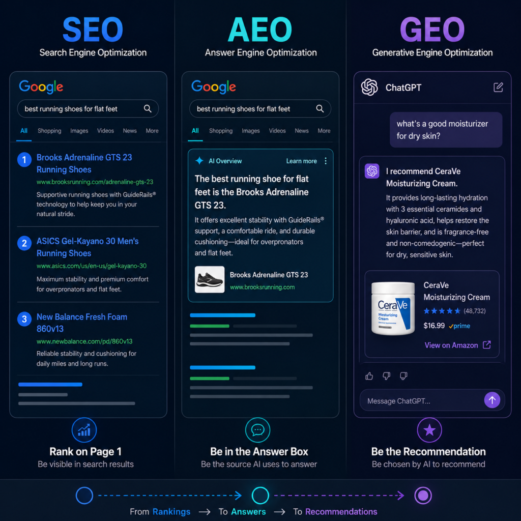 seo, aeo, geo comparison infographic