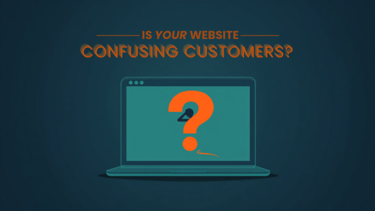 Blog cover image asking if your website is confusing customers, featuring a laptop and question mark graphic